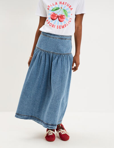 Jupe longue en jean large coton denim stone femme