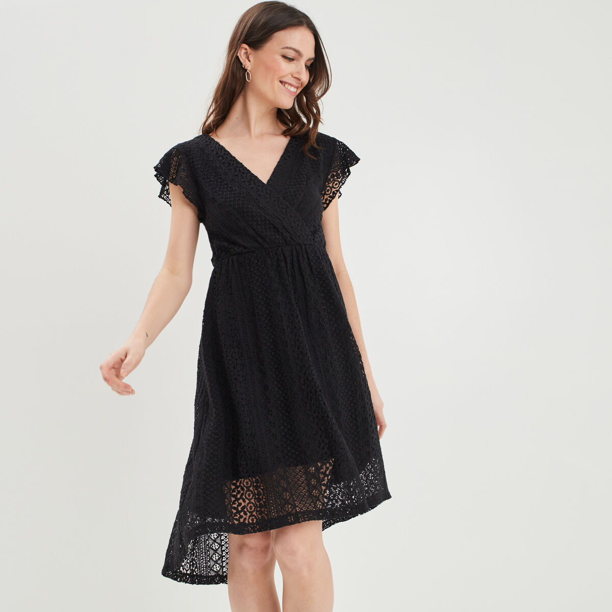 Robe évasée en dentelle noir femme