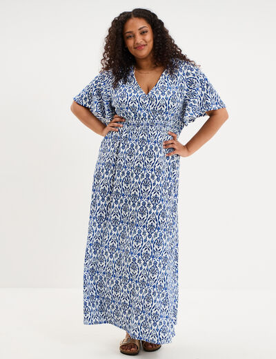 Robe longue col V manches papillons ecru femme grande taille
