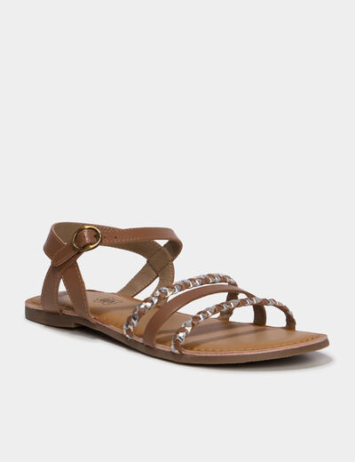 Sandales plates tr&eacute;ss&eacute;es en cuir marron femme