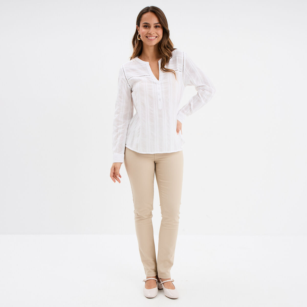 Blouse droite col mao coton blanc femme