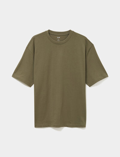 T-shirt col rond coupe relax coton &eacute;pais vert kaki homme