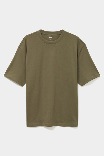 T-shirt col rond coupe relax coton &eacute;pais vert kaki homme