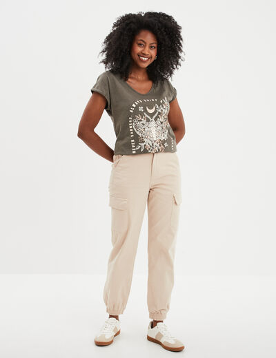 T-shirt coton col en V manches courtes vert kaki femme