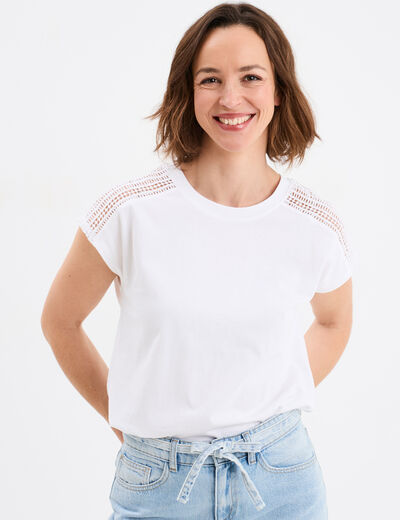 T-shirt épaules broderie coton blanc femme