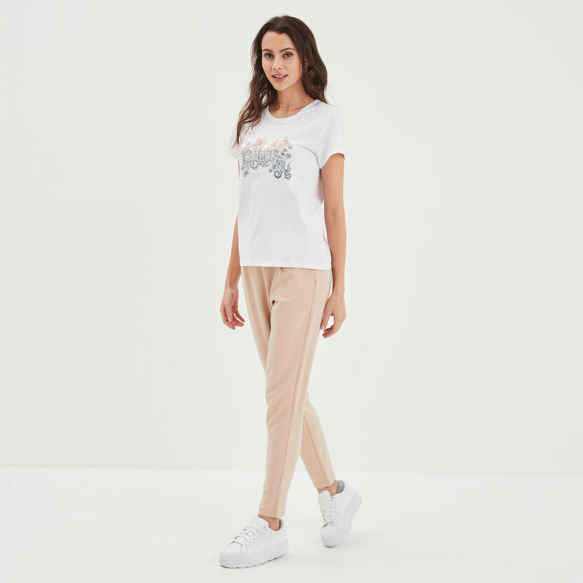 T-shirt ajusté col rond coton Creeks blanc femme