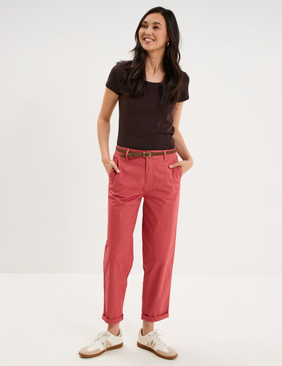 Pantalon chino regular ceinture tress&eacute;e vieux rose femme