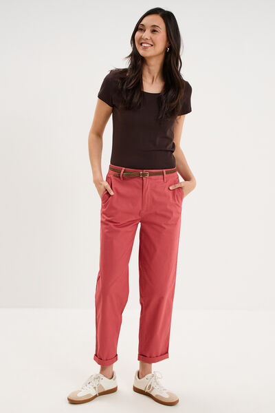Pantalon chino regular ceinture tress&eacute;e vieux rose femme