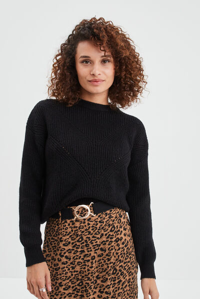 Pull avec détails ajourés noir femme