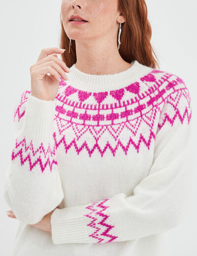 Pull jacquard col rond Creeks blanc femme