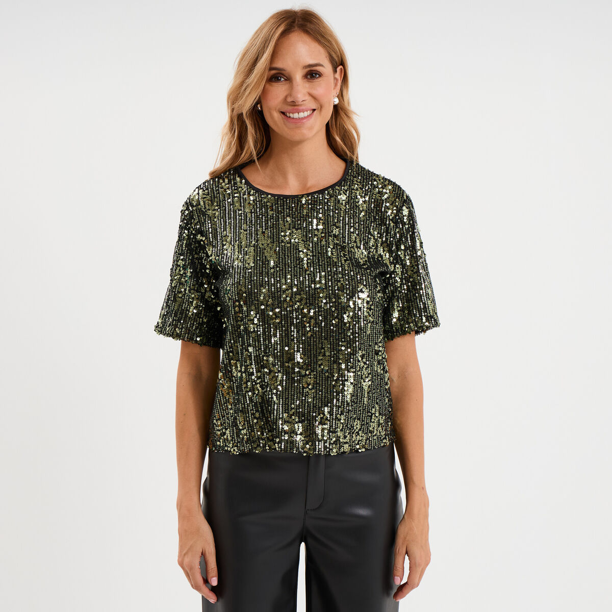 T-shirt &agrave; sequins manches courtes droit vert olive femme