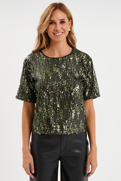 T-shirt &agrave; sequins manches courtes droit vert olive femme