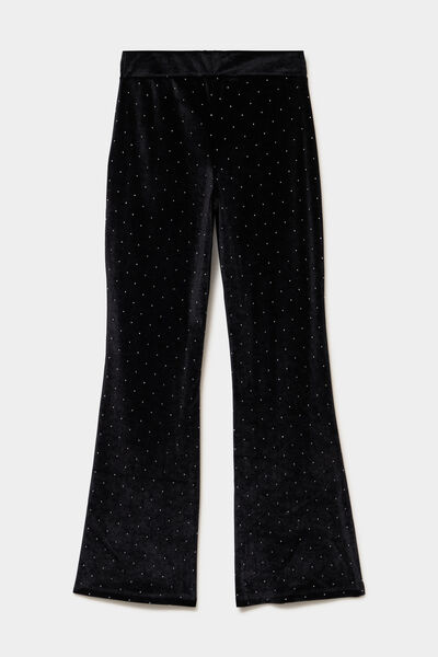 Pantalon flare effet velours &agrave; strass noir fille