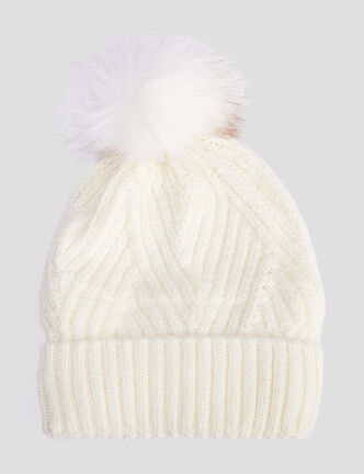Bonnet à pompon ivoire femme
