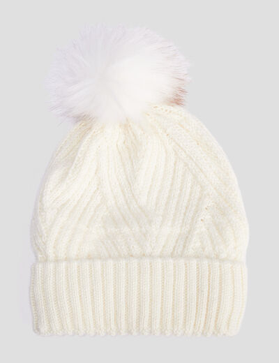 Bonnet à pompon ivoire femme