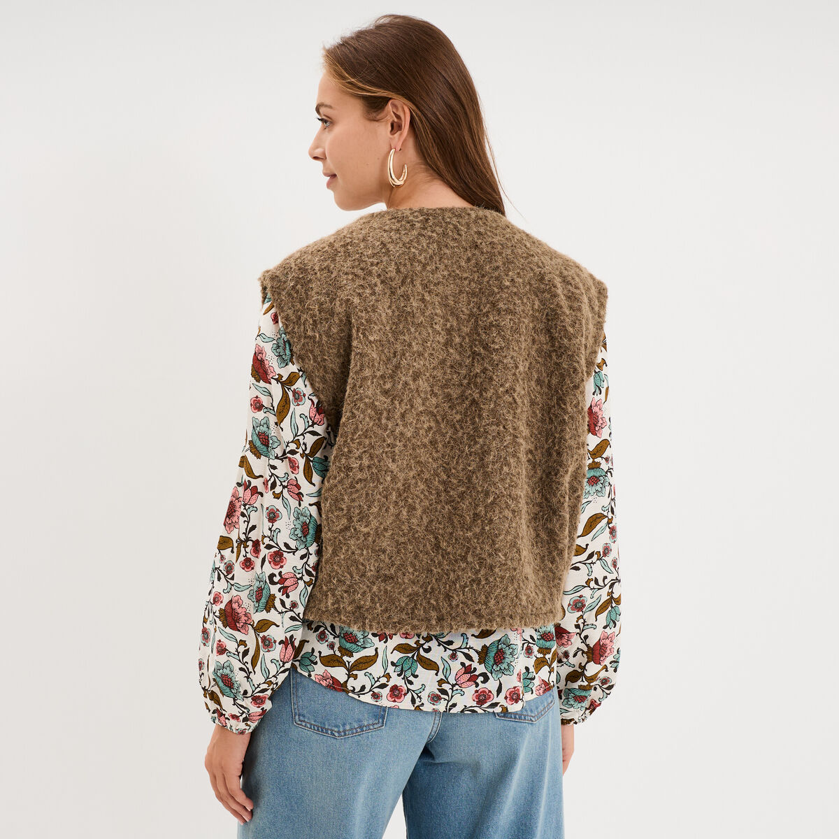 Veste sans manches effet bouclette vert kaki femme