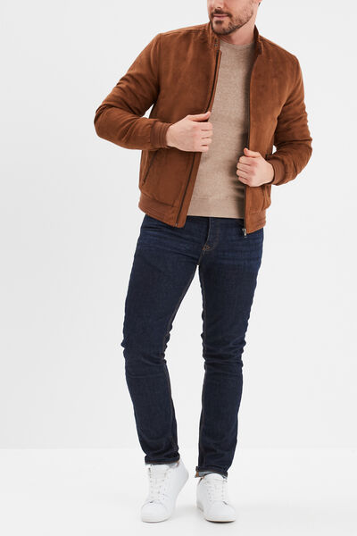 Pull droit col rond coton m&eacute;lang&eacute; beige homme