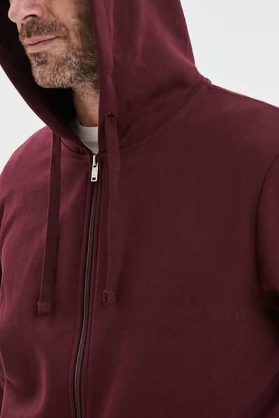 Sweat zippé molleton à capuche prune homme