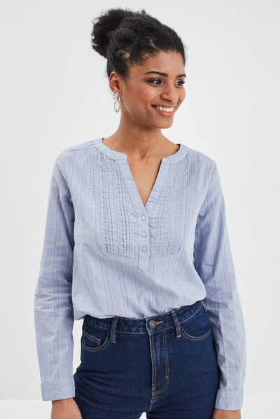 Blouse plastron manches 3/4 Creeks bleu femme