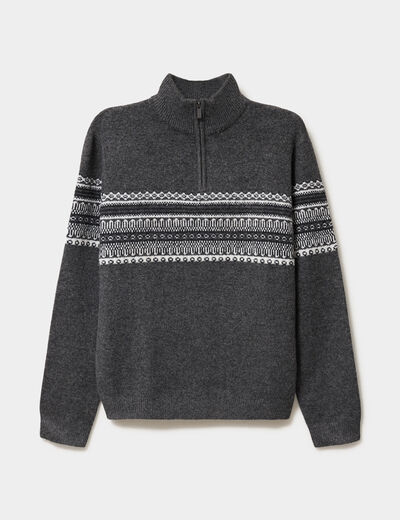 Pull camionneur jacquard manches longues gris fonc&eacute; homme