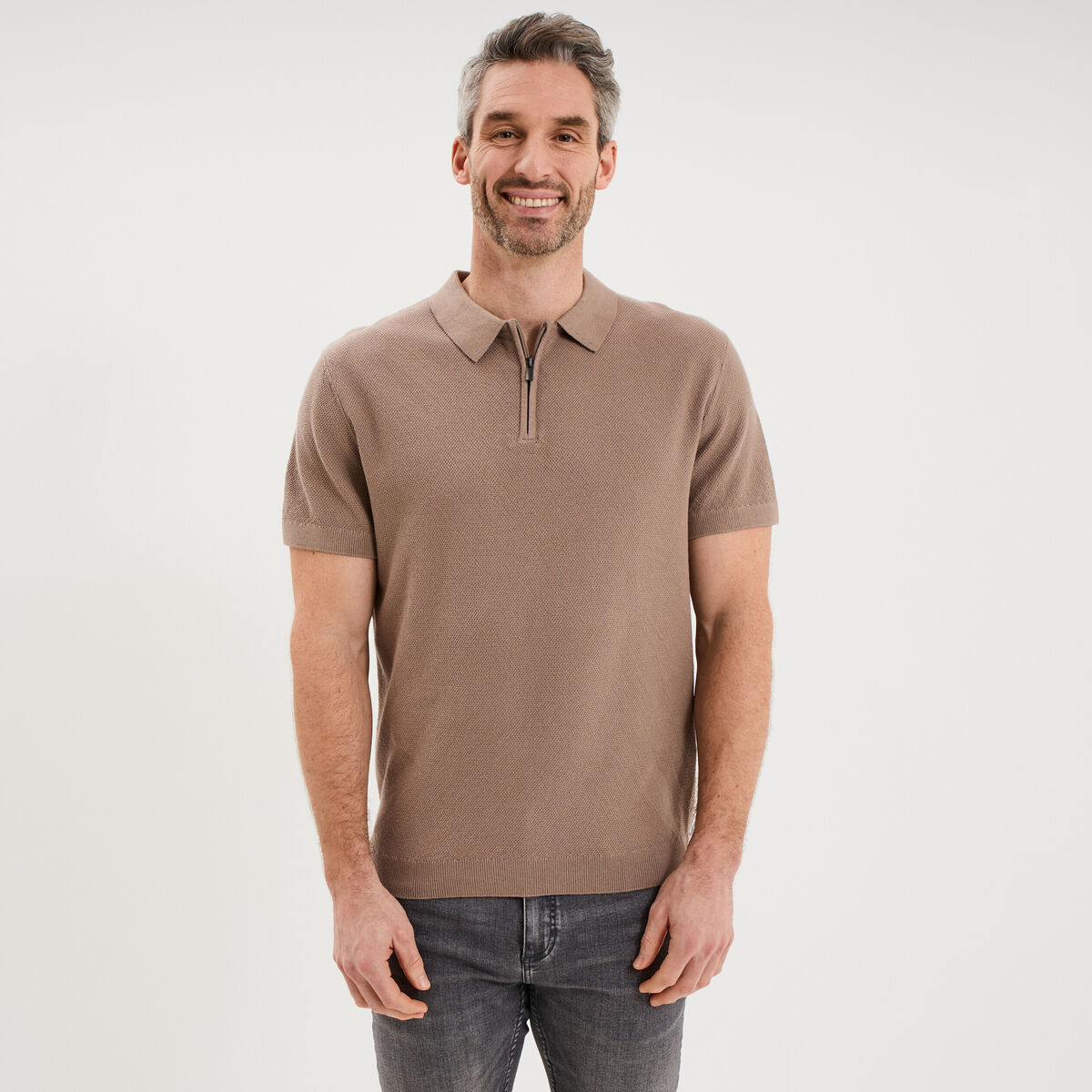 Polo col zipp&eacute; manches courtes coton marron homme