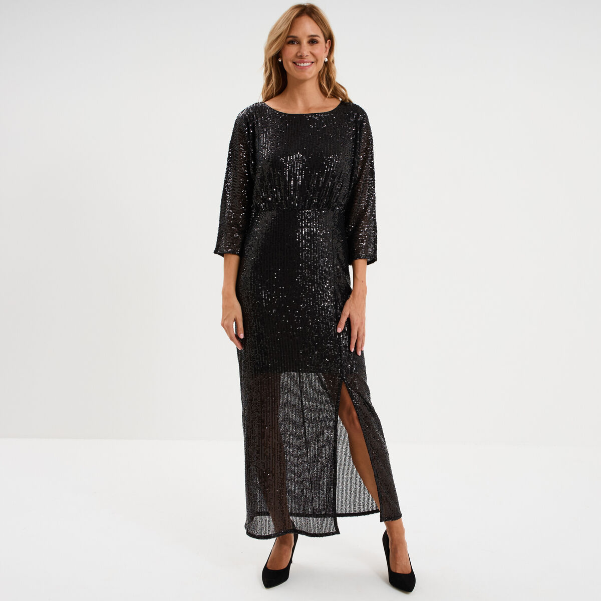Robe longue fendue &agrave; sequins noir femme