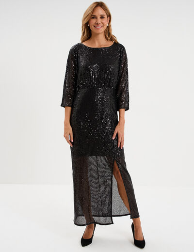 Robe longue fendue &agrave; sequins noir femme
