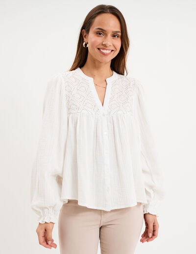 Blouse brod&eacute;e col tunisien coton blanc femme