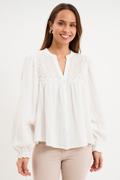 Blouse brod&eacute;e col tunisien coton blanc femme