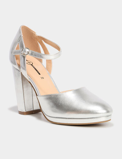 Escarpins talon carré gris argent femme