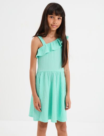 Robe courte col asymétrique à volants bleu turquoise fille