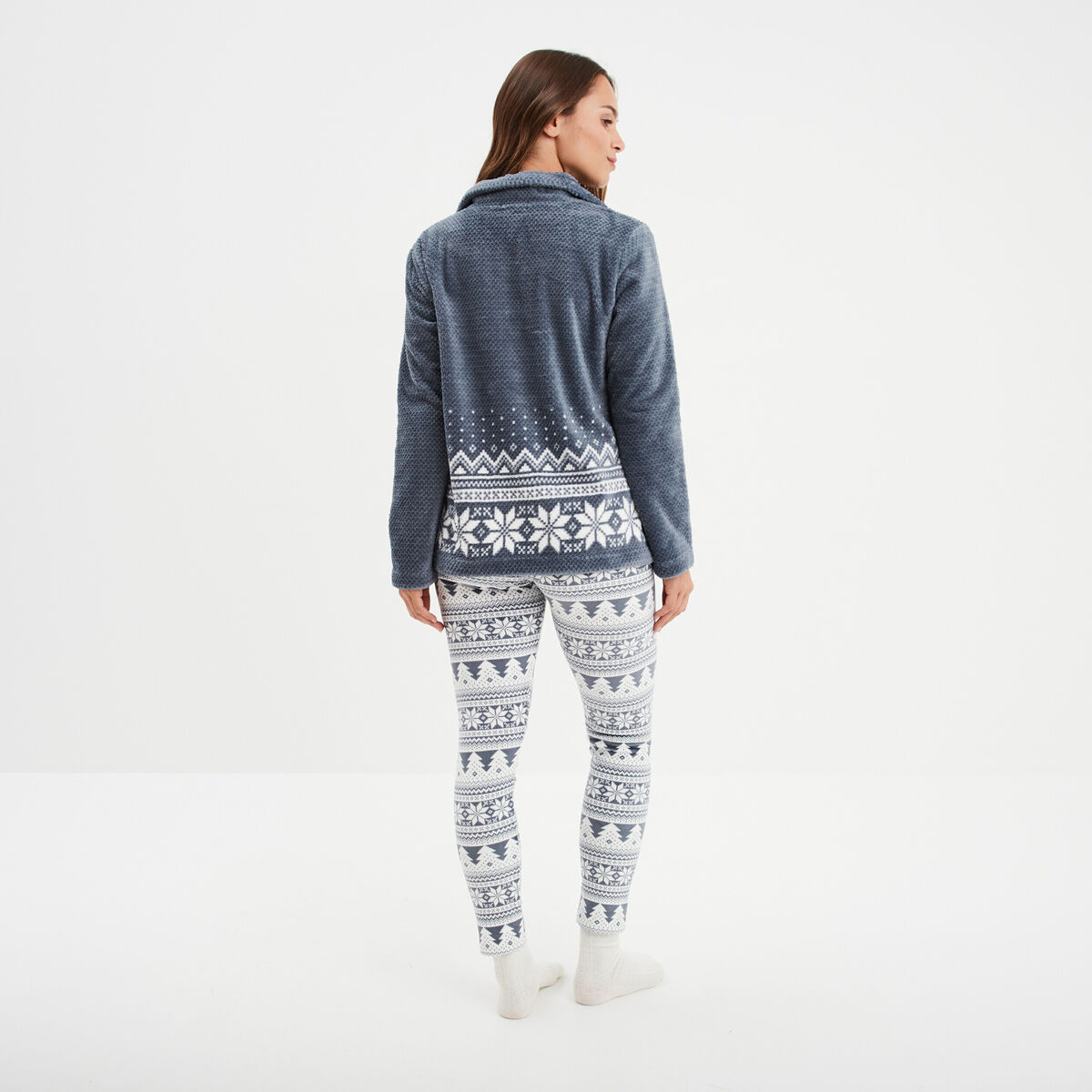 Ensemble pyjama 3 pièces gilet à capuche bleu gris femme