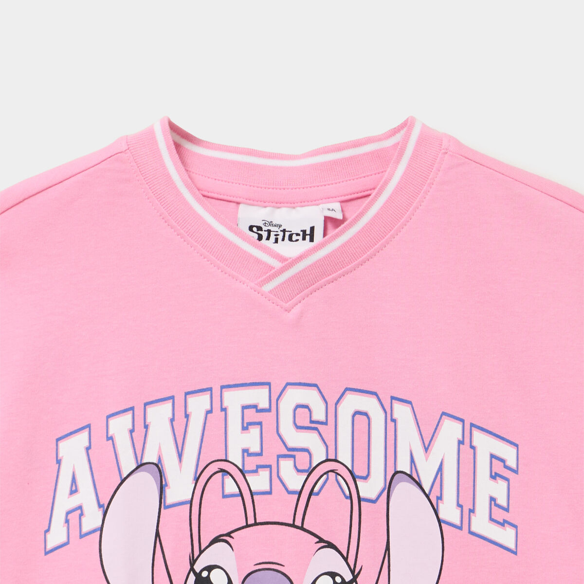 T-shirt col en V coton Stitch rose fluo fille