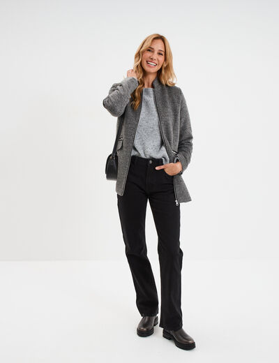 Manteau mi-long cintré zippé col montant gris foncé femme