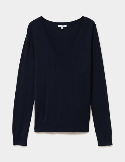 Pull col en V manches longues bleu marine femme