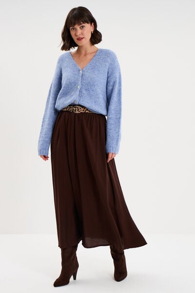 Jupe midi &eacute;vas&eacute;e taille &eacute;lastiqu&eacute;e marron fonc&eacute; femme