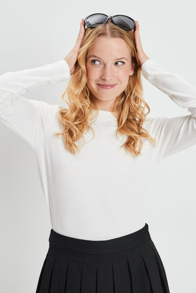 T-shirt côtelé manches longues blanc femme