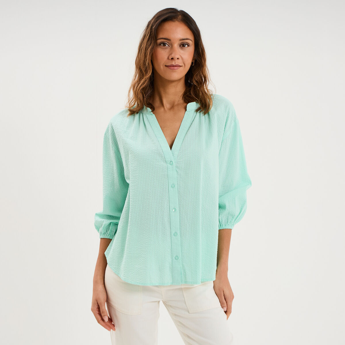 Blouse col tunisien manches 3/4 coton vert clair femme