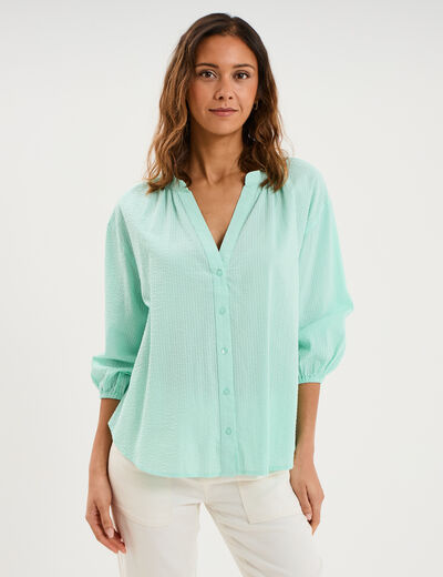 Blouse col tunisien manches 3/4 coton vert clair femme