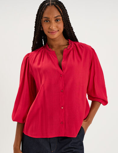 Blouse col montant dentelle rose cerise femme