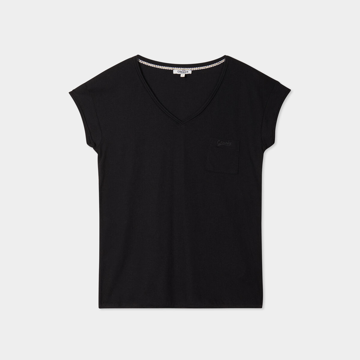 T-shirt col v poche poitrine Creeks noir femme