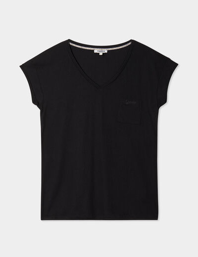 T-shirt col v poche poitrine Creeks noir femme