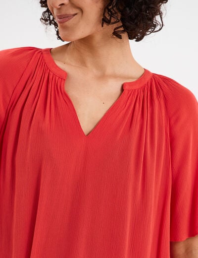 Blouse manches papillons col tunisien rouge femme