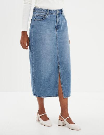 Jupe midi fendue en jean coton denim double stone femme