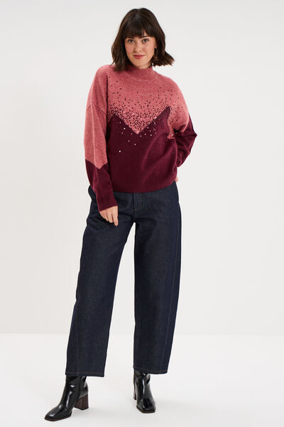 Pull col montant &agrave; sequins oversize bordeaux femme