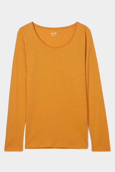 T-shirt coton manches longues jaune moutarde femme