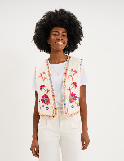Veste brod&eacute;e sans manches coton creme femme