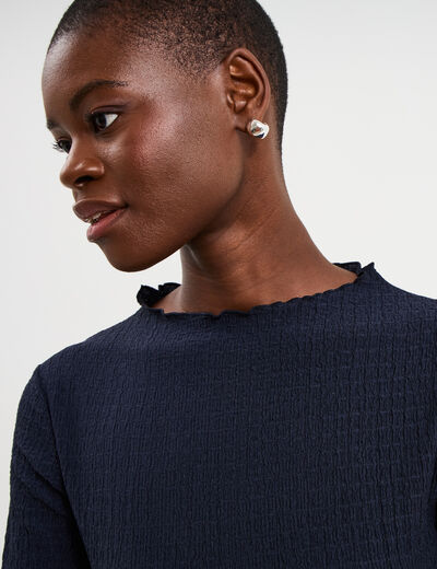 T-shirt effet gaufr&eacute; col montant bleu fonc&eacute; femme