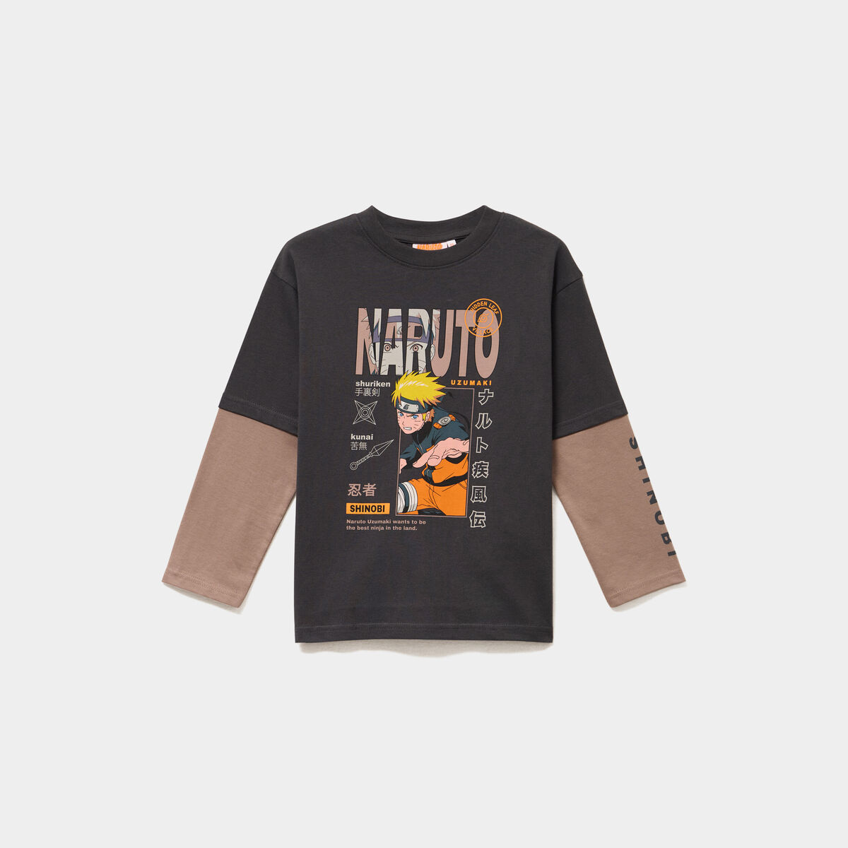 T-shirt manches longues coton Naruto noir gar&ccedil;on