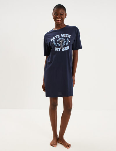 Chemise de nuit courte col rond coton bleu marine femme